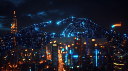 Futuristic robotic hands reaching, city background.