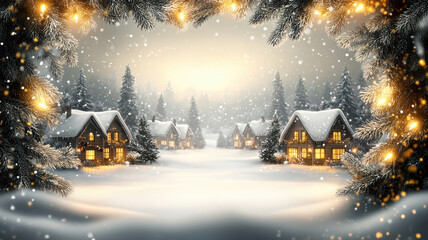 Fototapeta premium Cartoon winter scene with houses christmas trees and open center