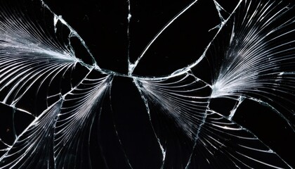 Cracks spreading through broken glass on a black background, creating a textured abstract design