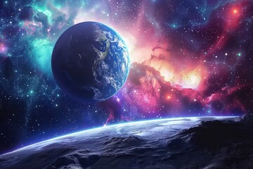 Obraz premium Earth from the Surface of Another Planet with a Vibrant Nebula in the Background