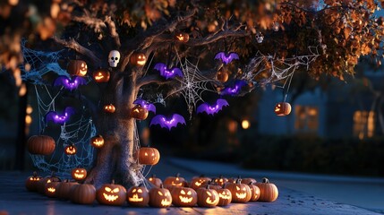 A spooky Halloween street tree with spider webs draped over its branches, decorated with glowing purple bats and small lanterns shaped like skulls. 