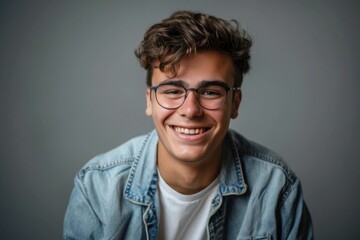 Fototapeta premium A young man wearing glasses and a denim jacket, casual everyday look