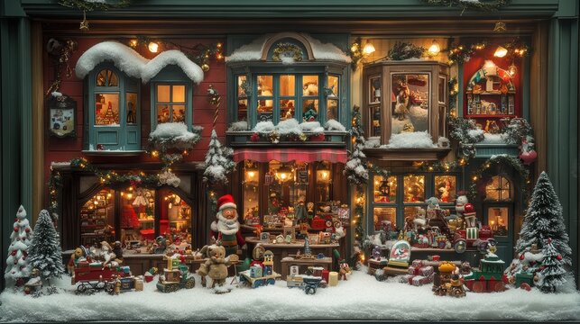 Christmas toy store window display with wooden toys and snowy decor