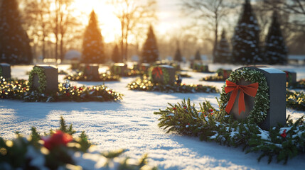 Snowy Cemetery Christmas Wreaths  Winter Sunset