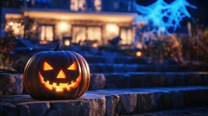 A spooky pumpkin lantern placed on stone steps leading up to a house terrace at night, the house faintly glowing with eerie blue lights and cobweb decorations in the background. 