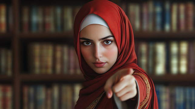 Young Woman in Red Hijab Pointing Library Background