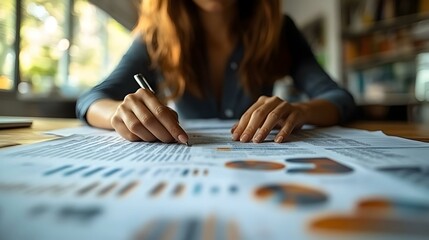 Fototapeta premium Businesswoman Analyzing Financial Spreadsheets in Workspace Setting for Marginal Cost Insights