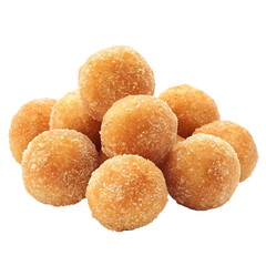 A pile of golden, round, fried snacks coated in coconut.