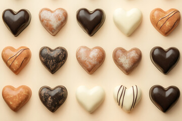 Obraz premium Beautiful heart-shaped chocolates displayed on a beige backdrop, forming a charming design