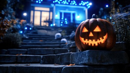 A spooky pumpkin lantern placed on stone steps leading up to a house terrace at night, the house faintly glowing with eerie blue lights and cobweb decorations in the background. 