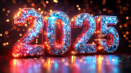 Year 2025 golden metallic symbol isolated red shining background, New Year 2025 celebration