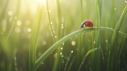 The ladybug, a vibrant symbol of spring, perches upon a verdant blade of grass, its tiny form shimmering with morning dew. The water droplets, like miniature crystals, sparkle in the sunlight