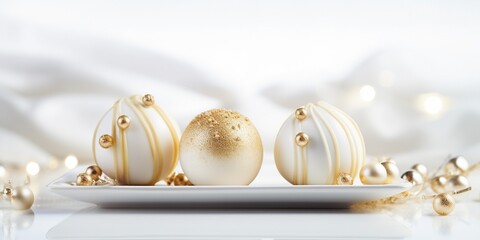 Fototapeta premium White and gold colored luxury elegantly bonbons for Christmas and cozy blur background, banner
