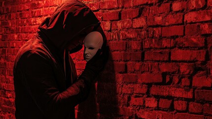 Naklejka premium A mysterious man in a hoodie leaning against a brick wall, holding a white mask under dim red lighting.