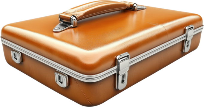 Elegant brown vintage suitcase with shiny metal accents displayed on a transparent background for design use