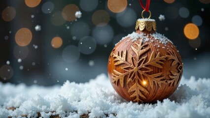 Christmas card with wooden ball with snowflake pattern.