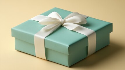 Pastel mint gift box with white ribbon on yellow background