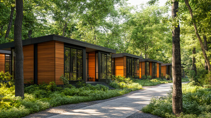 A row of modern, sustainable housing buildings with wooden cladding and dark grey metal facades, surrounded by green trees in the landscape design.