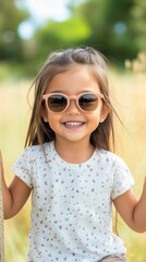 Young girl enjoying playful moments outdoors in sunny weather with stylish sunglasses