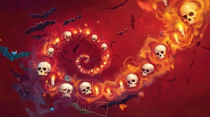 A spooky yet enchanting Halloween background with bats, cobwebs, and glowing skulls all arranged in a spiral, magical motion against a rich crimson backdrop. 