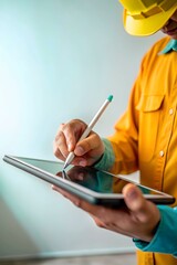 Close Up Engineers Hand Digital Pen Tablet Macro Image Modern Design Planning Manufacturing Digital Transformation