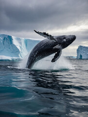 Fototapeta premium A stunning scene of a humpback whale breaking through the surface in icy northern waters.