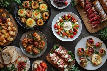 A colorful display of various foods on a table, perfect for use in articles about cuisines or...