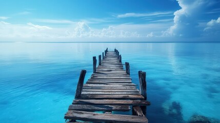 Broken Pier: The Desolation of Abandoned Wooden Posts in Calm Blue Sea - Powered by Adobe