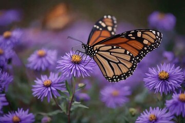 Fototapeta premium A butterfly perched on the center of a vibrant purple flower