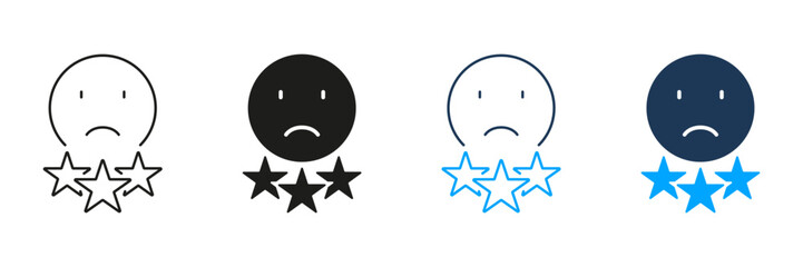 Negative Review Line and Silhouette Icon Set. Sad Emoticon, Bad Feedback Pictogram. Disagree Sign. Dislike Emoji Symbol In Experience Survey Service. Editable Stroke. Isolated Vector Illustration