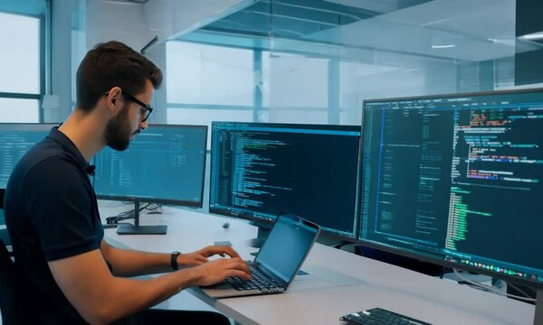 Over-the-Shoulder of Software Developer Coding in Sleek Office