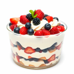 Trifle dessert with berries and cream isolated on white background