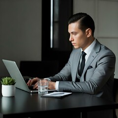 Ein Gesch&auml;ftsmann in einem formellen Anzug sitzt an einem Schreibtisch und arbeitet konzentriert an seinem Laptop. Neben ihm steht eine kleine Pflanze und ein Glas Wasser, was dem modernen, profession