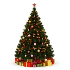 Ein wundersch&ouml;n dekorierter Weihnachtsbaum, isoliert auf einem wei&szlig;en Hintergrund. Der Baum ist mit festlichen roten und goldenen Ornamenten sowie strahlenden Lichtern geschm&uuml;ckt, die eine klassische 