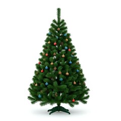 Ein wundersch&ouml;n dekorierter Weihnachtsbaum, isoliert auf einem wei&szlig;en Hintergrund. Der Baum ist mit festlichen roten und goldenen Ornamenten sowie strahlenden Lichtern geschm&uuml;ckt, die eine klassische 