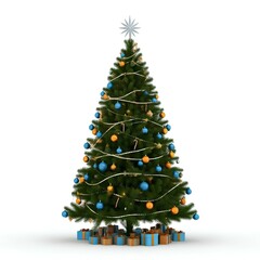 Ein wundersch&ouml;n dekorierter Weihnachtsbaum, isoliert auf einem wei&szlig;en Hintergrund. Der Baum ist mit festlichen roten und goldenen Ornamenten sowie strahlenden Lichtern geschm&uuml;ckt, die eine klassische 