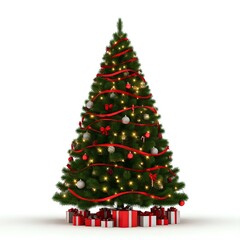 Ein wundersch&ouml;n dekorierter Weihnachtsbaum, isoliert auf einem wei&szlig;en Hintergrund. Der Baum ist mit festlichen roten und goldenen Ornamenten sowie strahlenden Lichtern geschm&uuml;ckt, die eine klassische 