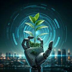 Futuristische Roboter Hand aus der eine Pflanze w&auml;chst mit Sci-Fi hintergrund