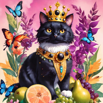 Royal black cat with wonderfull fruits in celebration
