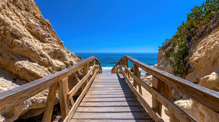 Obraz premium wooden walkway leads to serene coastline, surrounded by rocky cliffs and vibrant greenery. clear blue sky enhances tranquil atmosphere of this coastal scene