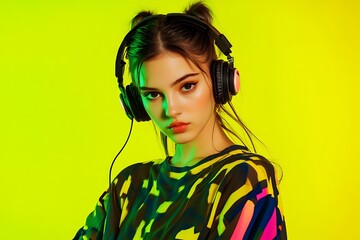 Female dj with headphones enjoying music on a bright neon yellow backdrop