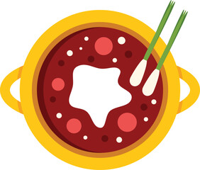 Yellow pot with handles containing steaming red soup with white topping and green onions, in a flat lay style