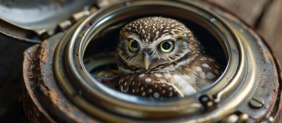 A close up shot of a vigilant and observant owl peering through the of a in a dimly lit and mysterious forest setting