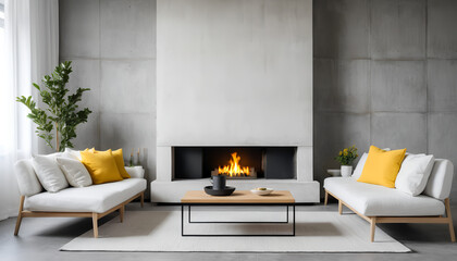 sofa with yellow pillows against concrete wall with fireplace, scandinavian style home interior design of modern living room