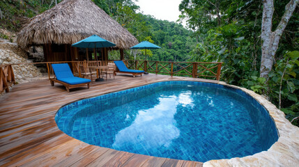 Idyllic vacation home with private pool surrounded by lush greenery, perfect for relaxation and enjoying nature beauty