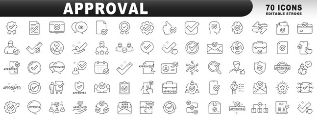 Big set of approval related line icons. Accept, confirm, checkmark, ok etc. Editable stroke