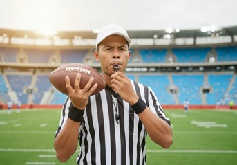 Hispanic male referee blowing whistle on football field during game