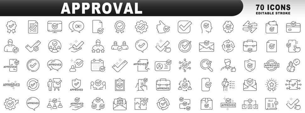 Big set of approval related line icons. Accept, confirm, checkmark, ok etc. Editable stroke