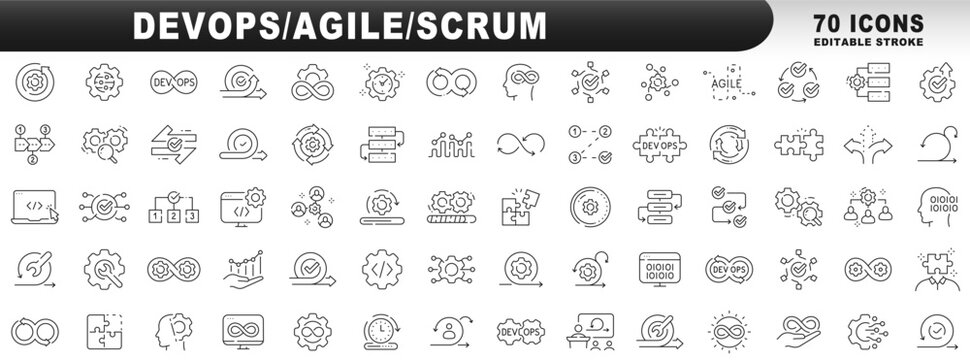 Devops, agile, scrum line icons big set. Plan, process, steps etc. Editable stroke