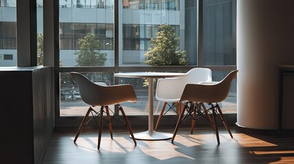 Obraz premium A peaceful reading nook featuring a minimalist white table and chairs by a large window.